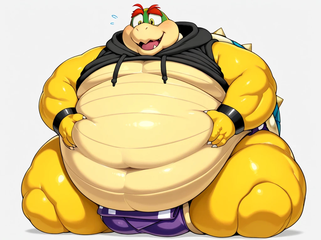 Dragon, green skin, obese, massive yellow belly, , dominant, low angle, toothy grin, dark environment,