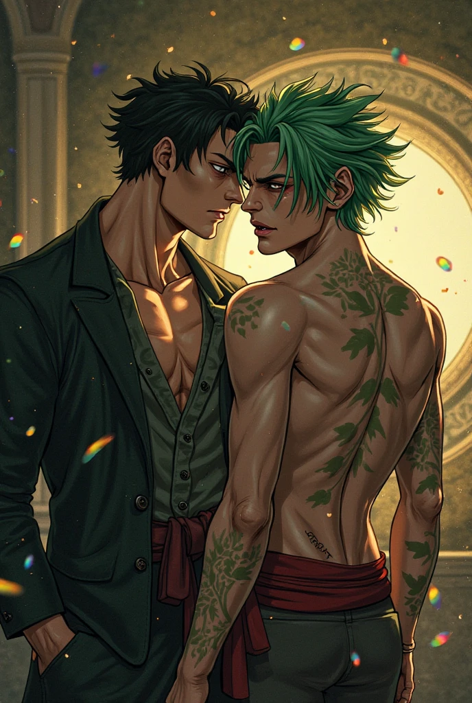 Roronoa Zoro,((Sex between men,Two Men)),naked,Excited expression,One erect penis,Highest quality,masterpiece,Ultra HD,Correct body structure,field,night,Lack of ethics