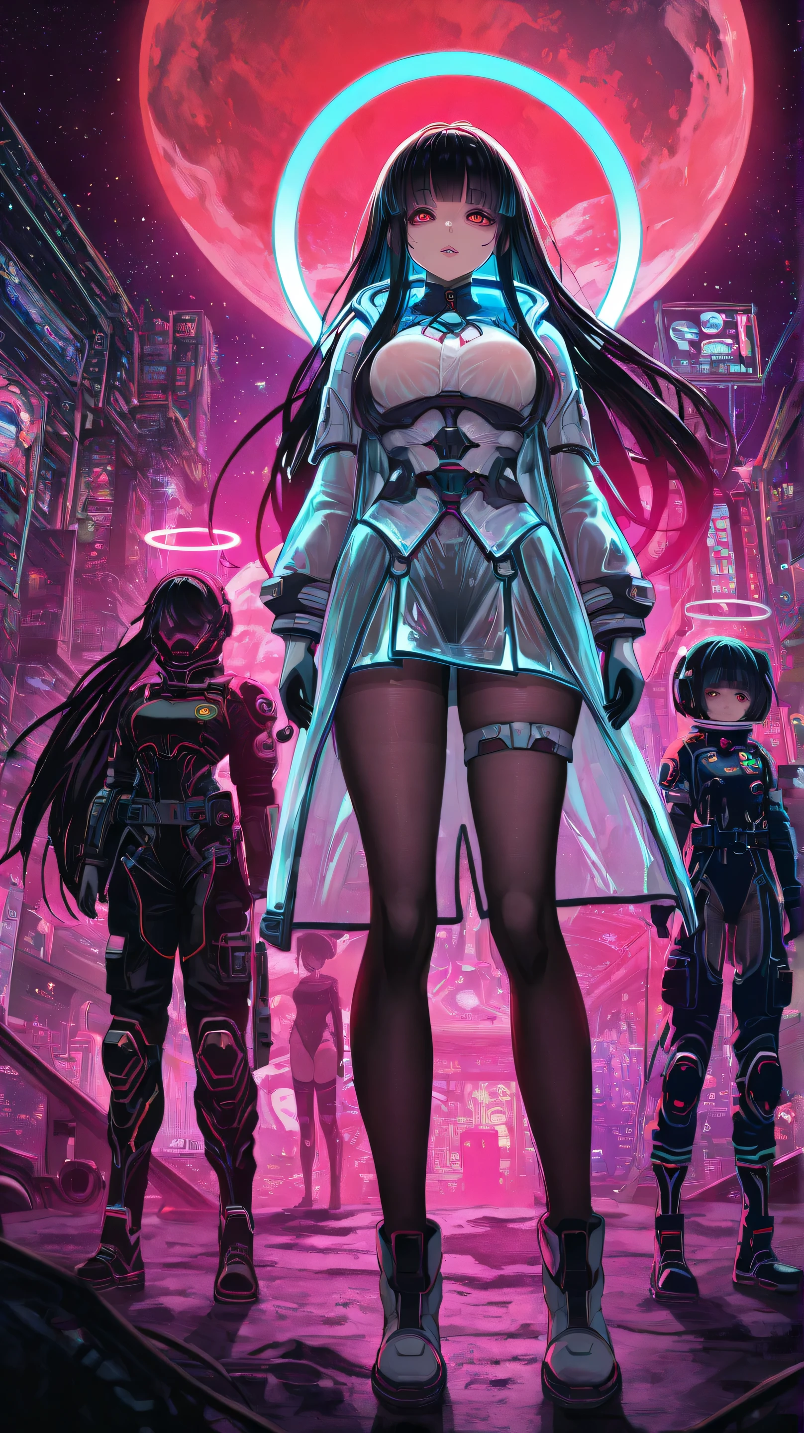 masterpiece、Best Quality、8k、Houraisan Kaguya,Sf, near future,kaguyahime dress,luna Princess、pink military Chinese space suit, space military, pink-based science fiction space combat uniform、,cyberpunk, Outside the future space station、Colorful balls of light, ESP, halo、Red moon in background、Psychedelic, dystopian, cyberpunk, neon、outer space,femdom、space_space、seethrough tights,Nsfw,seethrough,(girl is in Japanese ancient Garden)