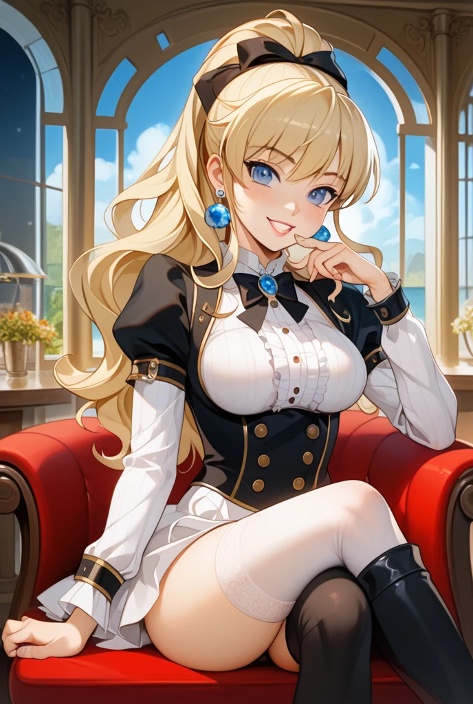 (best quality),(masterpiece), (Extremely detailed 8k wallpaper),Blonde Hair，Emerald eyes，masterpiece, best quality, 1girl, 1struler, ponytail, braid, fake rabbit ears, detached collar, short necktie, blue necktie, bare shoulders, white leotard, cleavage, navel cutout, blue leggings, fishnets, wrist cuffs, huge breasts, sitting, fancy chair, mansion, looking at viewer, smile 