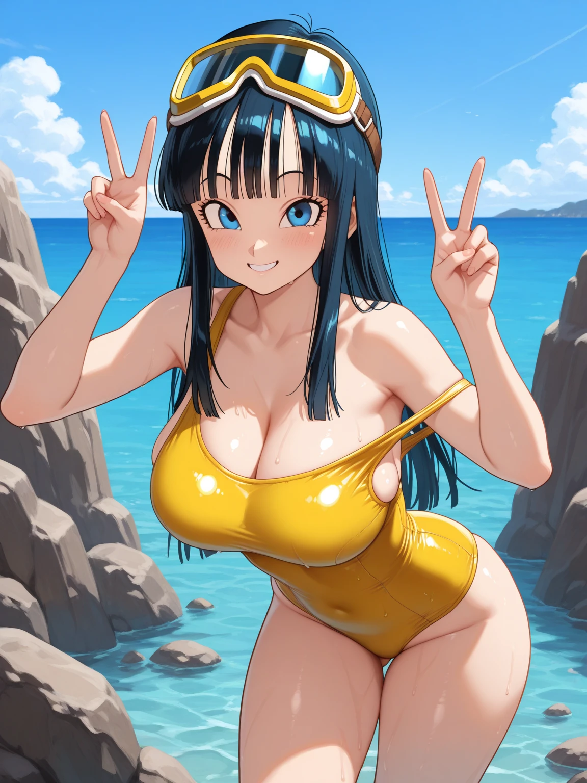 best quality,masterpiece,maron, beach, ocean, ((yellow one-piece swimsuit)), blue eyes, aqua hair, goggles on head, smile, happy, blush, blunt bangs, long hair cleavage,arms behind back, contrapposto,leaning forward,huge breasts,1girl, solo
