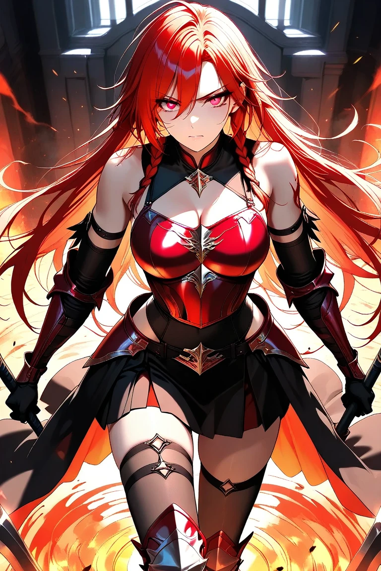 masterpiece, best quality, illustration, ultradetailed, 1girl, black and red hair, red eyes, long hair, very fat large breasts, very fat large thick thighs, black thighhighs with red accents, black outfit with red details, very fat large cleavage, black and red headphones, 1 hair ornament, embarrassed, bedroom, bed, strong contrast, dominant black color with red accents,