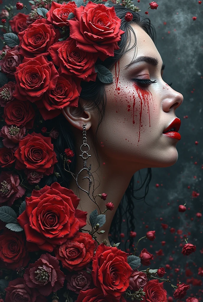 Hyperrealistic art A hauntingly beautiful woman emerges from a void of total blackout, the vibrant red of a blood-drenched rose serving as a focal point in the enigmatic composition. (Hauntingly beautiful, Void, Blood-drenched rose, Enigmatic) Inspired by Symbolism and dark fantasy aesthetics. ('beautiful woman':1.5), ('bloody rose':1.5) Ultra-detailed, HDR, and a blend of elegance and eerie elements, 21st century modern, black, <lora:bl4ckl1ghtxl:0.7> <lora:sdxl_photorealistic_slider_v1:1>, (masterpiece,best quality:1.5) . Extremely high-resolution details, photographic, realism pushed to extreme, fine texture, incredibly lifelike