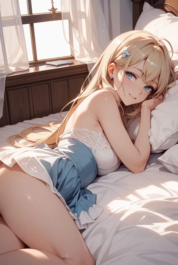 ((masutepiece, Best Quality, perfect)), 1girl in, (a beauty girl:1.3), (up looking_で_viewer), (Blonde long straight hair), (Slender body, normal breast), (Camisole, lingerie), Bedroom