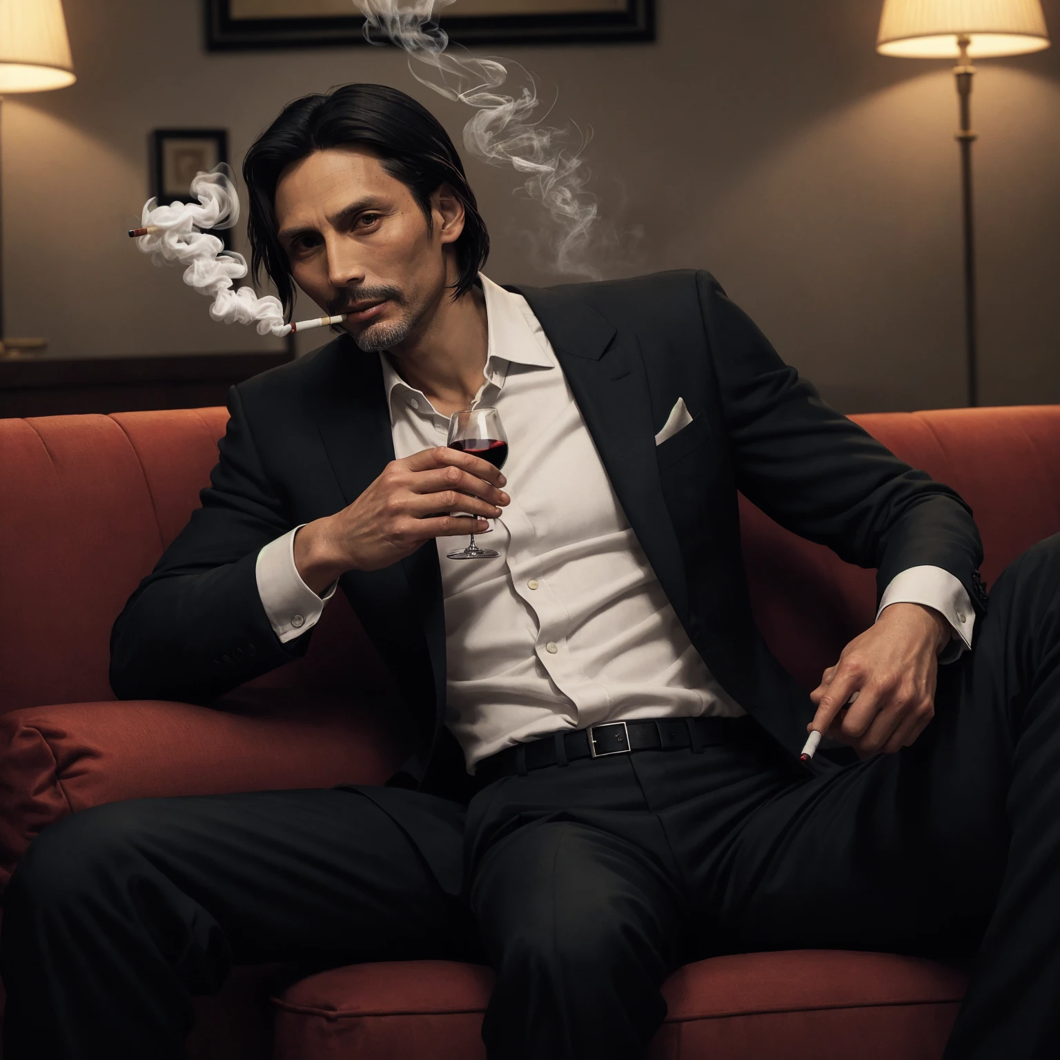 Man with medium length hair tied up and medium length beard wearing glasses and a white coat sitting at a table smoking a long king pipe