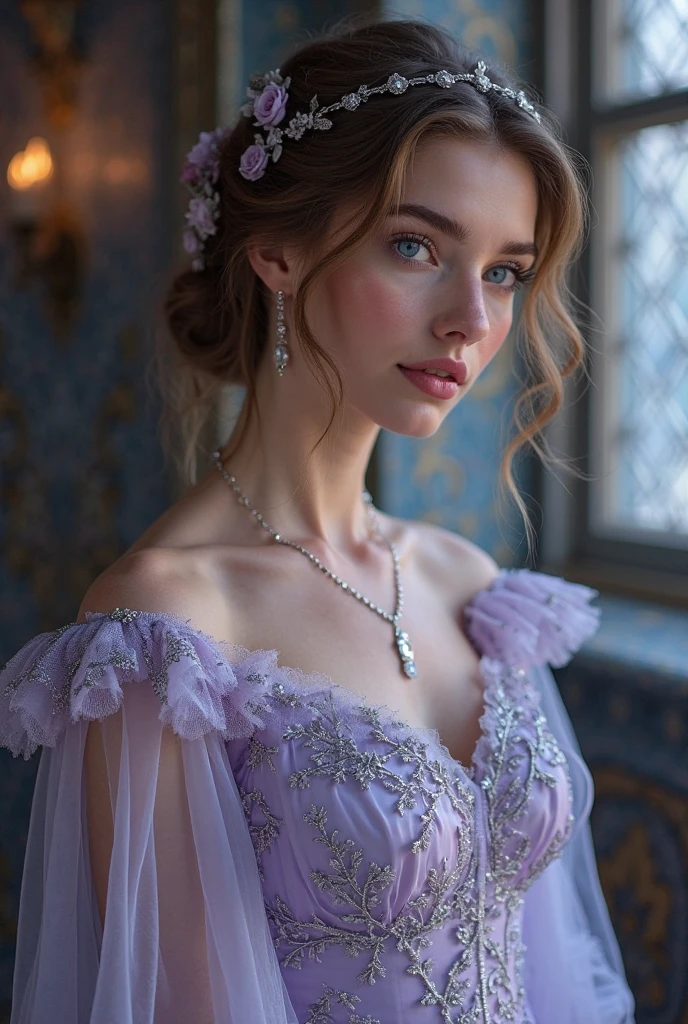 Realism, painting, Fantastic fairy tale, fantastic style, John Tolkien style, small painting by Jean-Baptiste Mo, Close-up. Diamonds + glass beads +beads+ filigree jewelry+ Lush large open female bust + lack of clothes + sensual princess Rapunzel + cleavage + the thinnest transparent lavender tulle, with a lively natural structure of dry skin and pores, mystical morning lighting, a book image in the RPG genre, an image from "Dungeons and Dragons", a fantasy image.