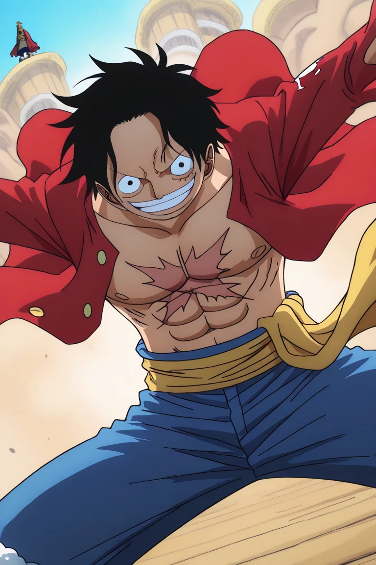 1 male, luffy, one piece, smiling, upper body, scar on chest, eyes are very well depicted, Facial features carefully detailed, hands carefully depicted, very muscular, dark background, 8k, best quality