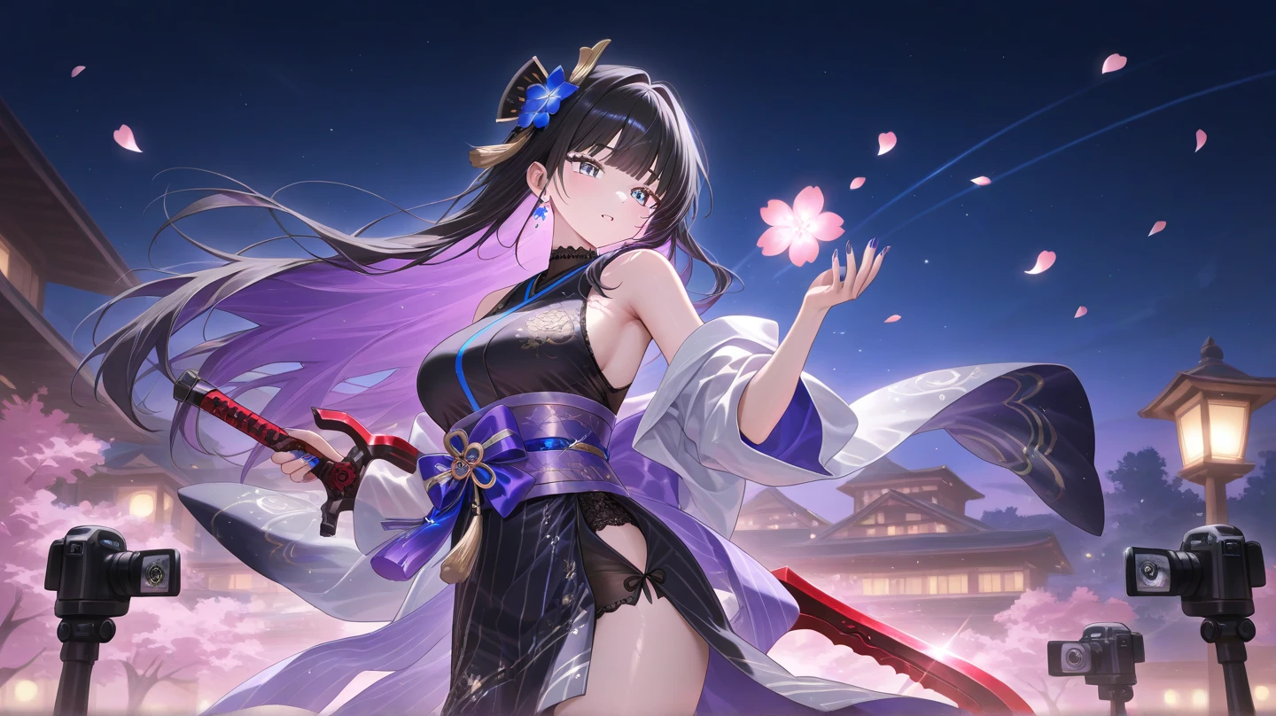 1girl 14 years old japanese, short hair, pink eyes, magic circle, blue fire, blue flames, wallpaper, landscape, blood, blood splatter, depth of field, night, light particles, light rays, sidelighting, thighs, fate \(series\), genshin impact, ****, colorful ninja cloth, flower blooming background , slightly laughing , small breasts