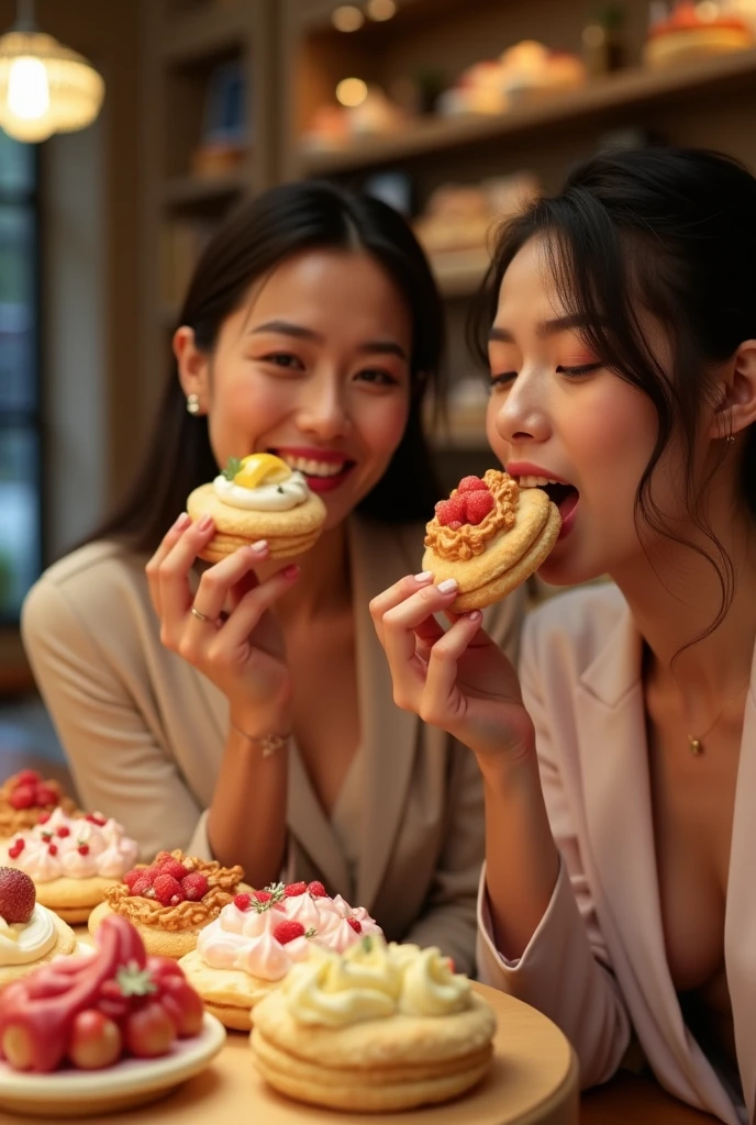 Girl happily eating delicious cake in store