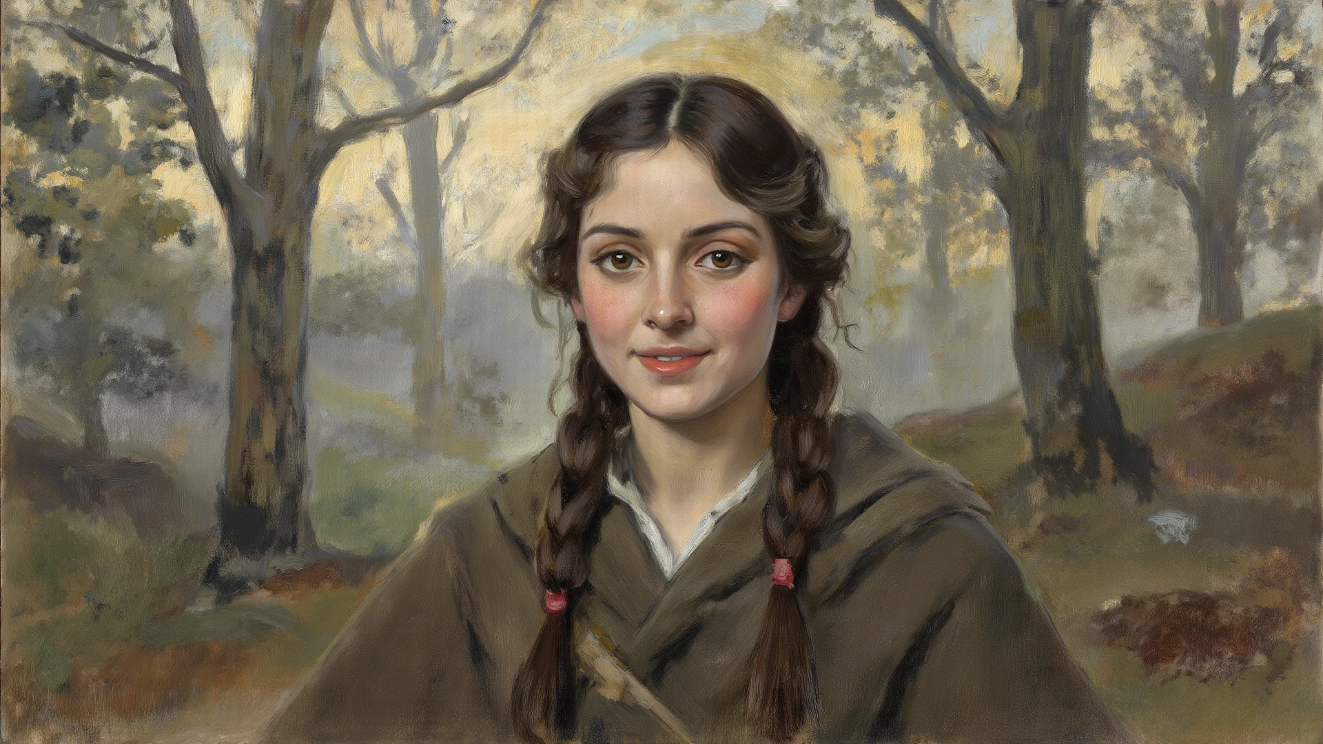 watercolour, Anime style, 真实感, a painting, Fantastic tale, Christmas style, John Tolkien style, Small painting by Jean-Baptiste Monge, Girl- Her thin straight eyebrows came together into a thread, and dark circles appeared under the eyes.