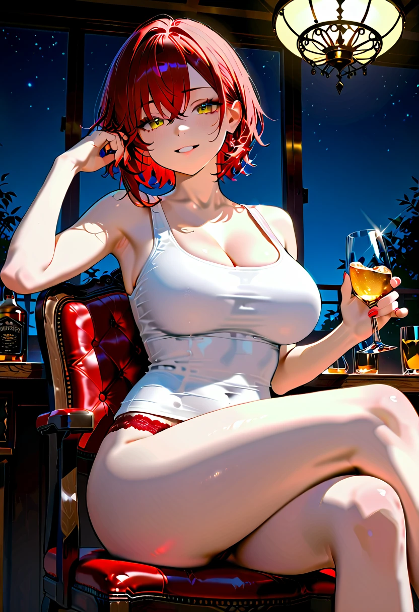 Honoka Kosaka Orange Hair Blue eyes short hair Half Twin Tail One-sided ponytail Orange nightgown White garter belt smile Larger breasts night Love Hotel Seduce Sit on the bed night景 Dark Room Room lighting Holding an orange cocktail
