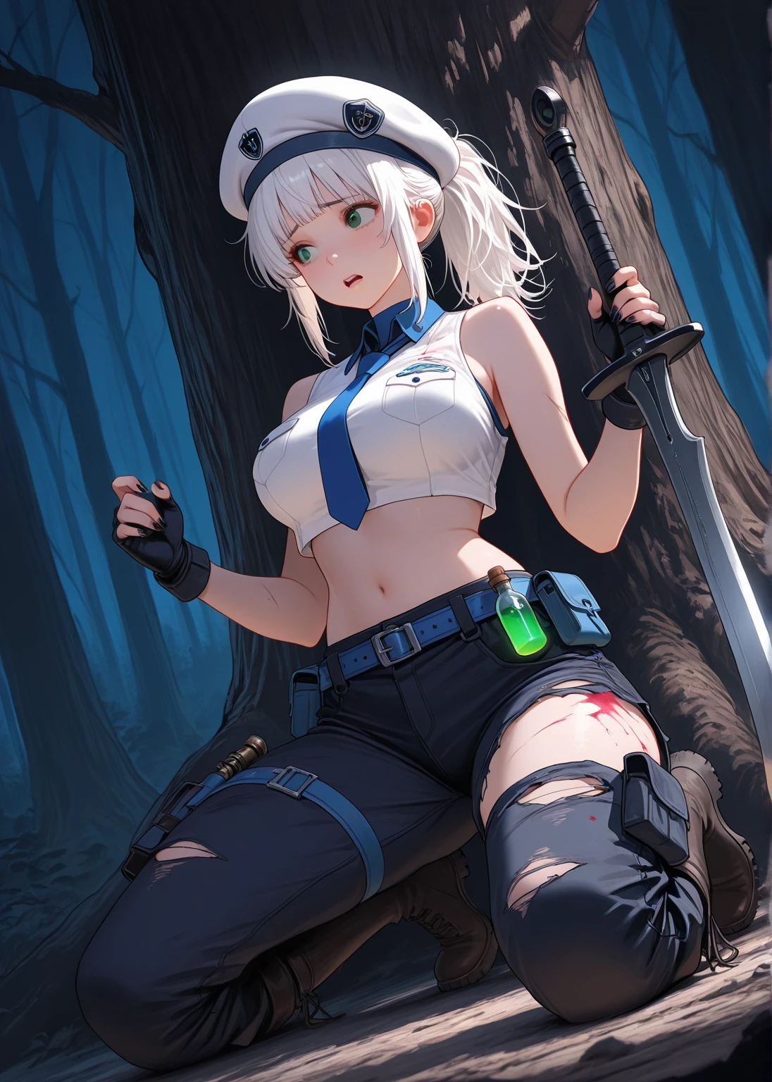 ((masterpiece, Highest quality, High resolution)),8K,One girl,((super fine illustration)),((beautiful detailed eyes,highly detailed skin)),((well endowed,Blessed,Captivating body、Detailed Background)), (holding mace,Combat posture、Ready your weapon、Dynamic composition、Silver braided short bob、Girl with a weapon:1.2)、(Pouting mouth, blush, embarrassed:1.2),