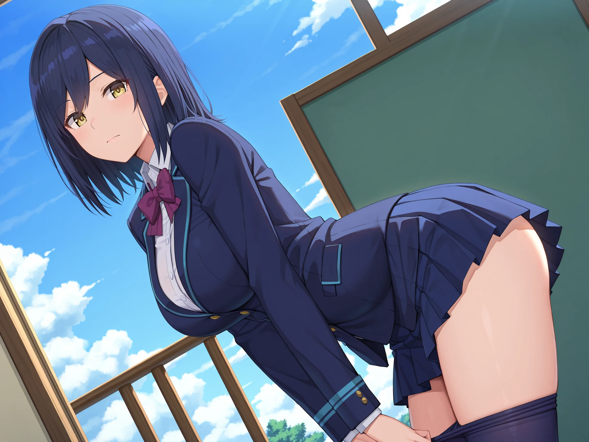 ((1 girl )), Cherry-blossom viewing,Yukinoshita Yukino , squat,wear sneakers, (Sole of foot 1.0),blazer,shirt,check skirt,(white knee high socks),(Pussy cameltoe in panties:1.0),(white lace panties),