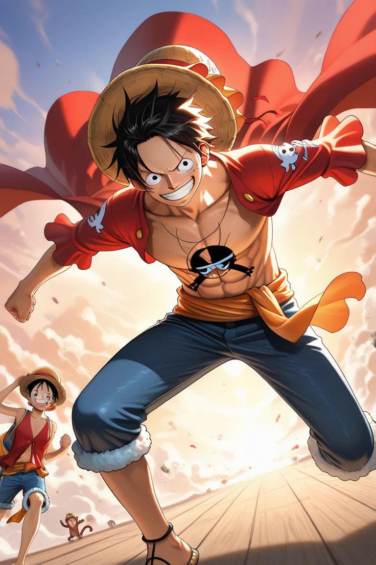 The character, Buggy de One Piece,laughing and defeating Luffy with all pomp,and glory.