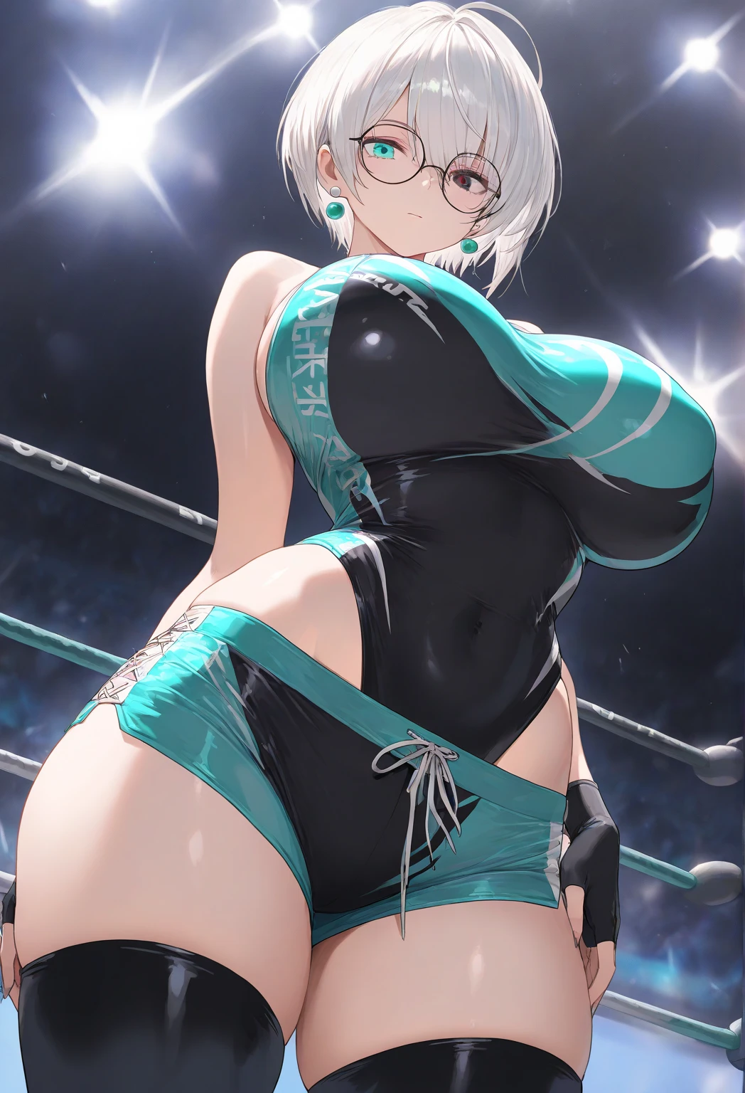 full body photographed、​masterpiece、top-quality、hight resolution、Bery short hair、elvish、silber hair、Big green eyes、weak、High leg cut swimsuit、white sporty boots、Sweaty skin、Professional wrestling venues、professional wrestling、（（On the ring of professional wrestling：1.1））、Red face、20 year old woman,Young Woman's （（She's standing：1.2））、（tiny chest:1.2）、sullenness、2 girls in、Staring