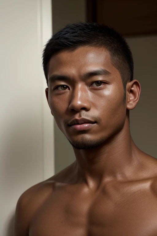 Masterpiece、Highest quality、Super fine、Fine、High resolution、Detailed face、Detailed eyes、Detailed lips、Detailed muscles、Abdominal muscles、Pectoral muscle、Realistic、A Japanese man with a shaved head but thick chest and abdominal hair、A handsome and refreshing Japanese man who is loved by both men and women