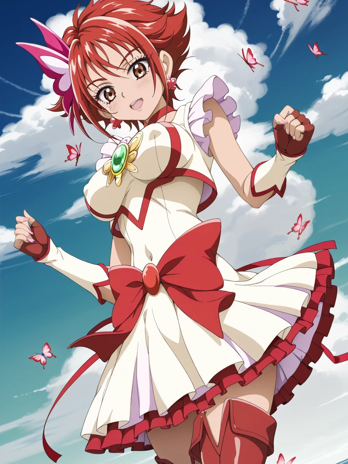 score core 8 up、score 7 up、source anime、傑作、best quality、best resolution、best image quality、anime coloring、1girl、cure rouge、red hair、short hair、brown eyes、spiked hair、solo、jewelry、pink flower hair ornament、Vivid anime style、girl is a standing、White dress with red accents、red butterfly brooch、frilled sleeves、white detached sleeves、Fingerless Gloves、women's red panty、covered midriff、covered stomach、covered abs、covered navel、White skirt with red accents、mini skirt、frilled skirt、red knee boots、panty shot、covered breasts、big breasts、covered cleavage、large breasts、large boobs、women's red panty under skirt、I can see women's red panty、skirt lift、showing women's red panty、Dynamic Lighting、Light Shadows、vibrant、brave、vibrant atmosphere、brave atmosphere、magical boy、Mid angle shot、clear focus、Revealing images、portrait of a solo、looking at viewer、cowboy shot、female focus、tomboy atmosphere、boyish atmosphere、a manly girl、
