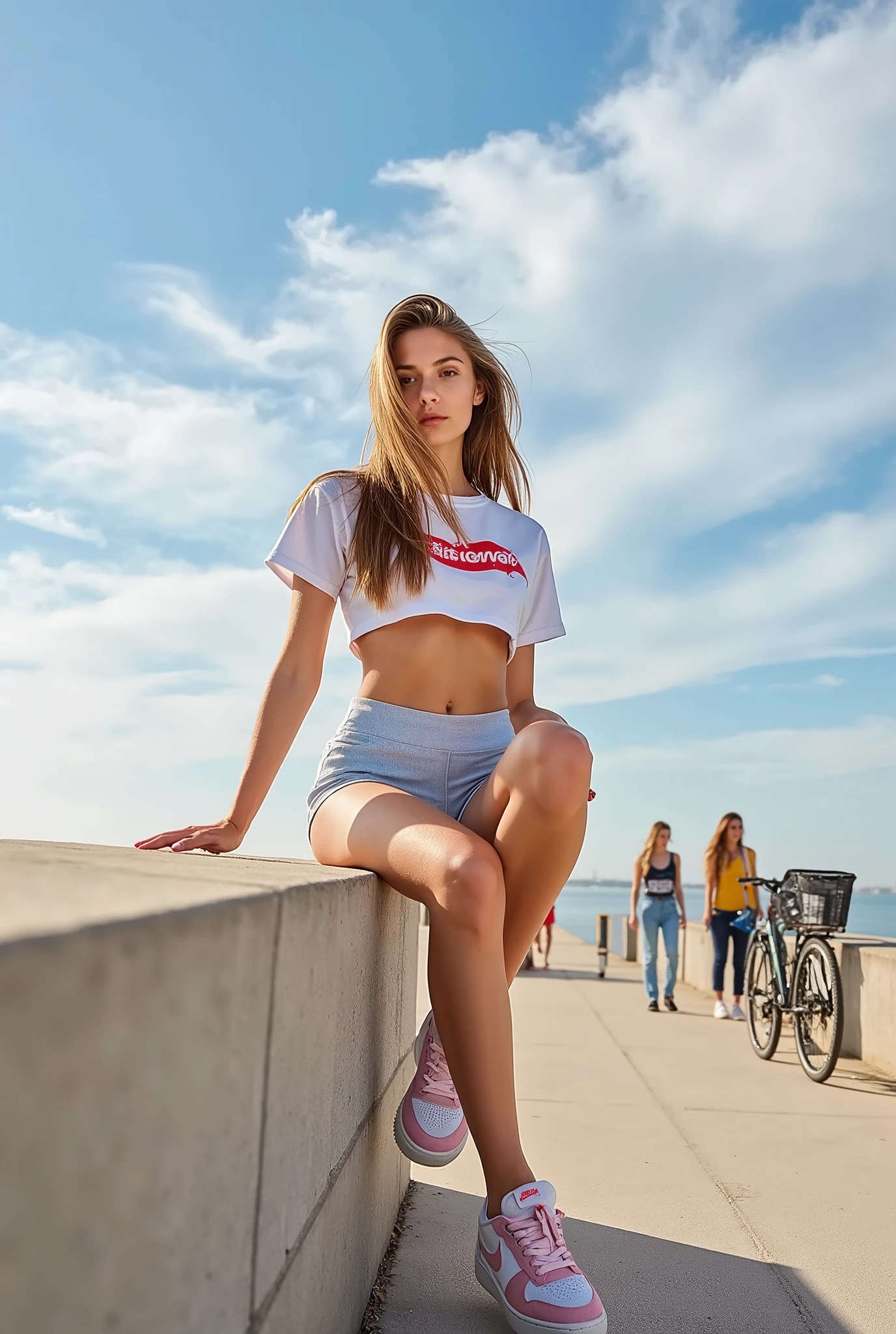 A skinny fit sexy body woman, Long brown hair, is perched on the edge of a concrete embankment under a bright, clear blue sky with scattered clouds. Her attire consists of a white cropped T-shirt with a red design on the front and high-waisted, light blue shorts. She is wearing light pink and white Nike sneakers, adding a sporty touch to her outfit. Her long brown hair flows naturally in the wind. The background features a few people, with one standing near a bicycle and others strolling along what appears to be a paved area, possibly a promenade or waterfront. Warm sunlight casts gentle highlights, enhancing the vibrant, sunny atmosphere of a leisurely day outdoors. The setting's open, airy feel and casual ambiance suggest a relaxed summer afternoon.