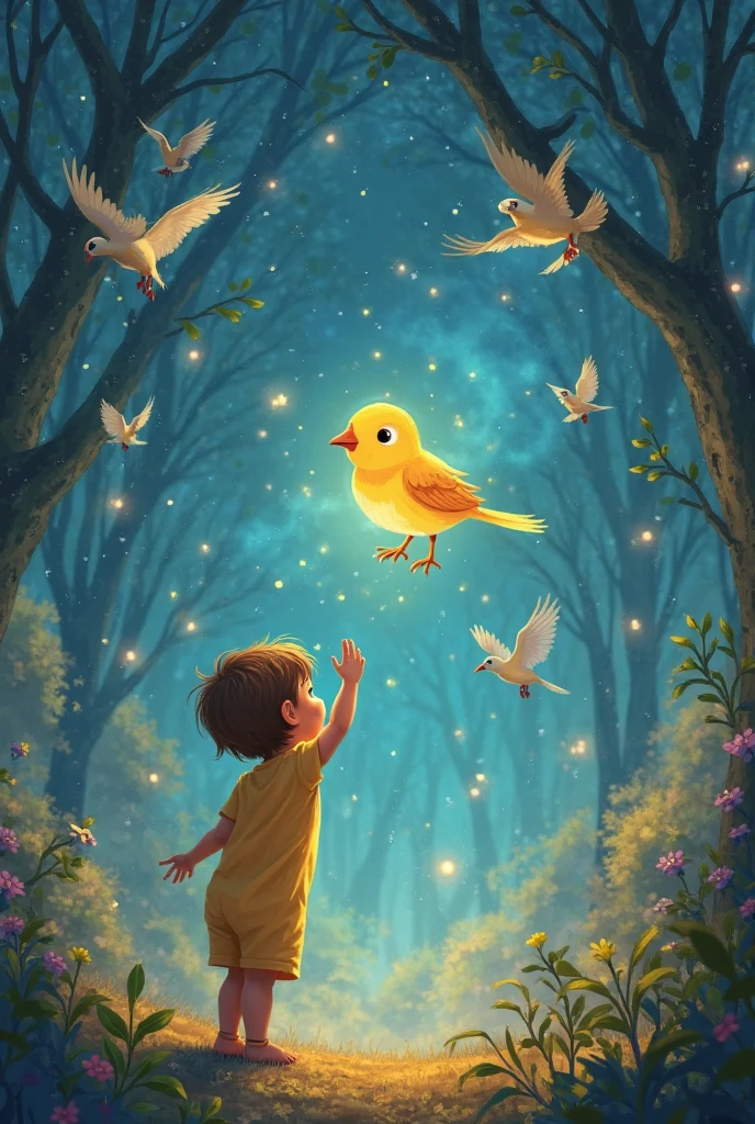 Tiny, winged creatures with iridescent colors dance around the glowing tree. Ton reaches out a hand, and one of the creatures lands gently on The teenager boy with a bright mop of unruly, sandy brown hair, He is wearing a crisp, school uniform with a white shirt and a black tie finger.