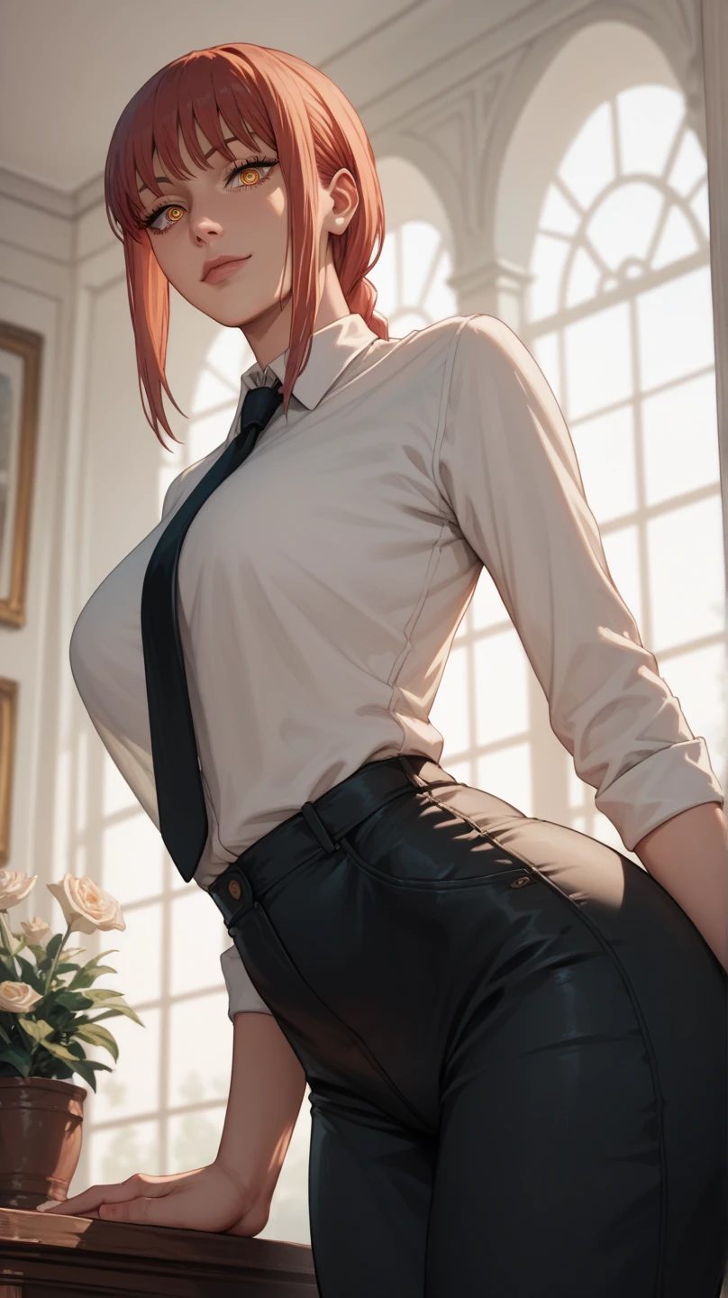 masterpiece, (ultra-detailed background, delicate pattern, intricate detailed), (high-detail, fine details), bestquality, beautiful light, Nancy, 1girls, bara, Green Eyes, lips, Red-Haired, mediuml breasts, Short Hair Hair, White collared shirt, skirts, tights, zettai ryouiki, fishnet thigh, pencil skirt, (Intricate detail background, inside, Office environment, windows, table), (cowboy shot),