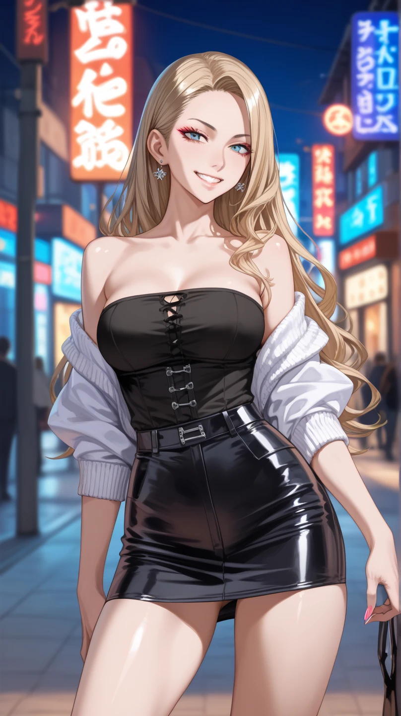 Hi res, masterpiece, 8k, nsfw, nightclub, night, nightclub illumination, ann takamaki, (gigantic tits: 1.6), (dense pubic hair: 1.4), (naked: 1.4), (black transparent top: 1.6), (open denim mini skirt: 1.4), (black lace-trimmed stockings: 1.4), (black high heels: 1.4), lewd expression, slutty face, erotic smile, (she is standing in a erotic pose: 1.4),