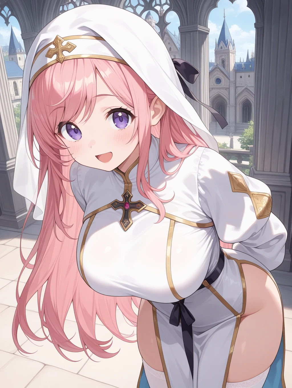 fgomartha, <lora:martha-lora-nochekaiser:1>,
martha, blue eyes, blunt bangs, purple hair, straight hair, long hair,
BREAK capelet, center opening, cleavage, cross, gauntlets, gloves, hair ribbon, leotard, red gloves, ribbon, thighhighs, (white leotard:1.5), (white capelet:1.5),
BREAK looking at viewer,
BREAK indoors, church,
BREAK <lyco:GoodHands-beta2:1>, (masterpiece:1.2), best quality, high resolution, unity 8k wallpaper, (illustration:0.8), (beautiful detailed eyes:1.6), extremely detailed face, perfect lighting, extremely detailed CG, (perfect hands, perfect anatomy),