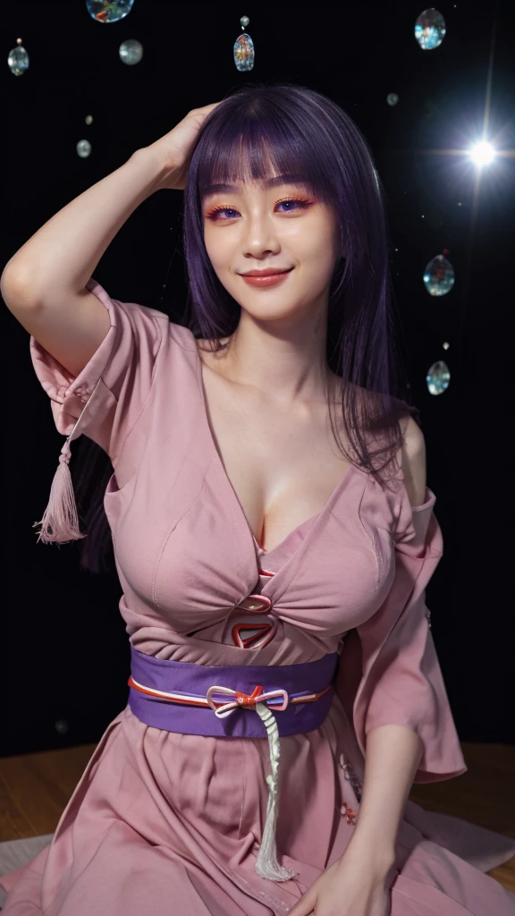 araffe woman in a kimono dress posing for a picture, in kimono, elegant japanese woman, wearing kimono, korean model, japanese kimono, japanese goddess, traditional japanese, in a kimono, wearing a kimono, pale and coloured kimono, white hanfu, kimono, wearing simple robes, classic kimono, wearing silk robe, wearing a simple robe, korean woman, heonhwa choe , big breast, show breast, light purple hair
