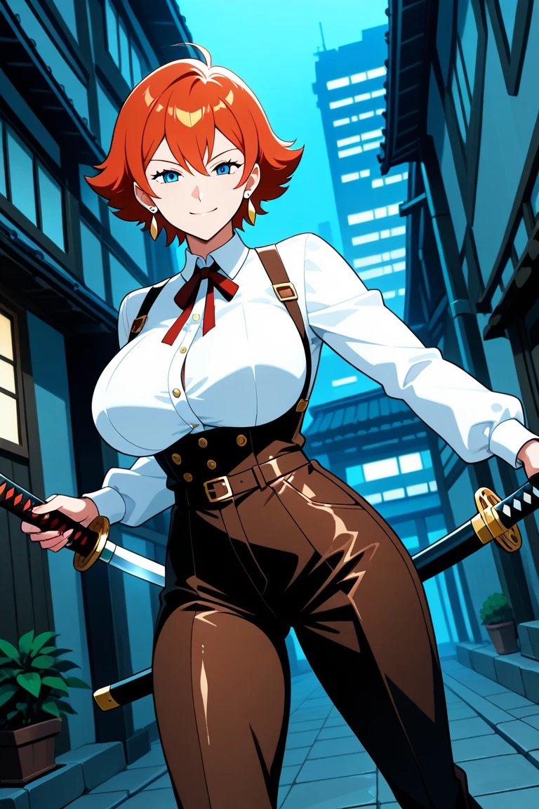 (( girl ,gyaru)),with sword,stand,red hair tied back,linen_clothes