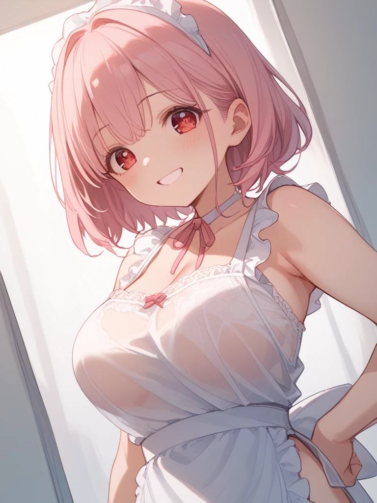 Best Quality, 4K, masutepiece :1.3), short ite pretty woman, Light pink hair、length hair、kawaii pose、A smile、Colossal tits、 Ultra-detailed face、naked bathrobe、barechested、teats、hide one eye、Detailed eyes, sluttish, Pose Seductive, Smooth skin, (huge-breasted), Round breasts、red blush。