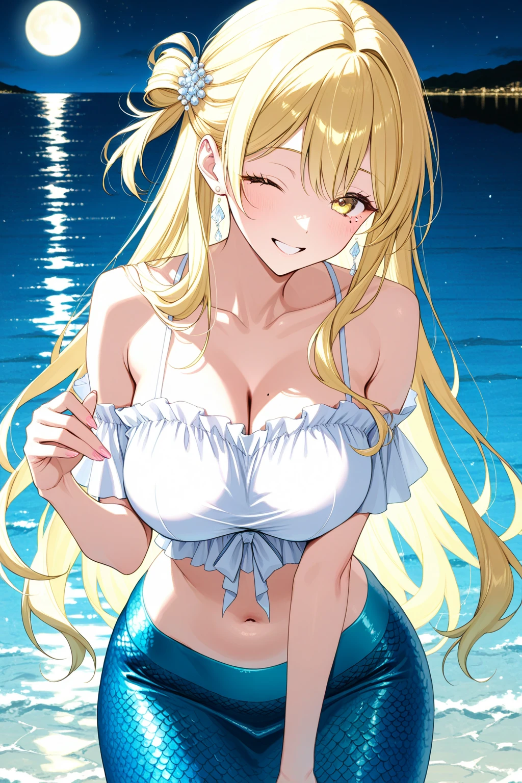 masterpiece,8k,Fairy tale style,sleeping Beauty,A woman with big ,ahegao,Long blond hair,Showing belly,Slim waist,Lying in the sea,Wet clothes,