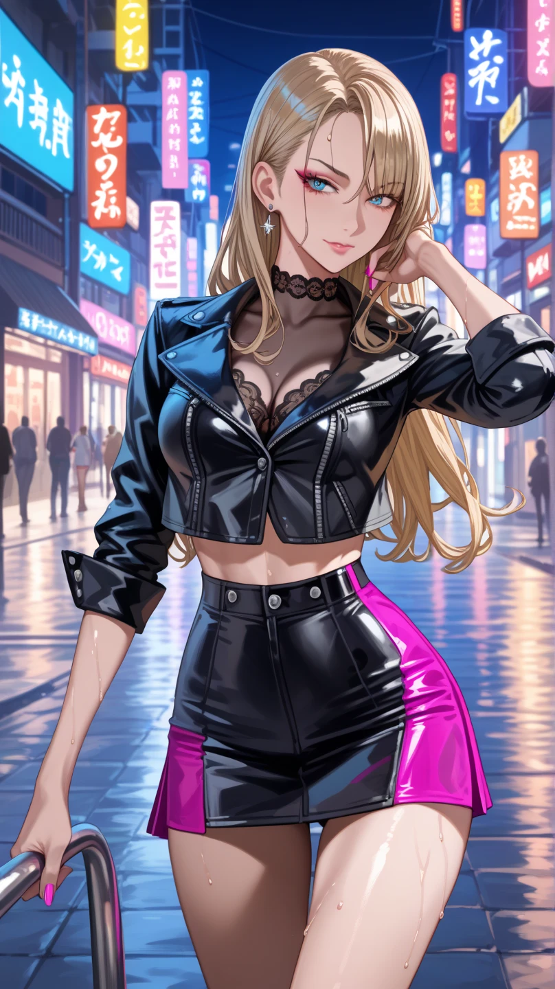 ((masterpiece, best quality, ultra-detailed)), beautiful woman smiling, pink tank top, bracelet, necklace, black midi pencil skirt, medium length skirt, leather boots, headphones, full body, long purple hair, hand on hip