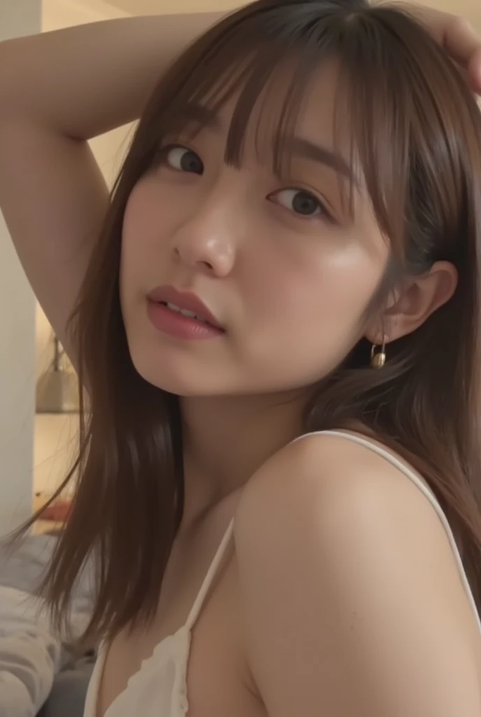 ((Brightly colored purple sexy bra and panties))、cute little、非常にA detailed faceと肌の質感、smooth white skin、F-cup、huge tit、big breasts、Beautiful and well-shaped breasts、age19、A detailed face、ultradetailed eyes、bright brown hair、bright brown eyes、blush、frontage、Looking at the camera、Beautiful Women in Perfect Style：1.4、Japan models、Young gravure idols、若いcute littleグラビアアイドル、Realistic Young Gravure Idol、sophisticated gravure idol、beautifull asian girl ever、the woods、((top-quality、in 8K、​masterpiece:1.3))、(4K、RAW Photography、top-quality)、1girl in、Pretty women、(reallistic、フォトreallistic:1.37)、natural soft light、close-up of woman、奈良美智、from waist up、From the knee up、thighs thighs thighs thighs、Place a person across the screen、Troubled face、Anxious face、Woman looking down、Surprised woman、poneyTail、((a bedルーム、a bed、frontage、walls、hotel、suite room、opulent、Luxury、high-class sense、１Photo))、((top-quality、in 8K、​masterpiece:1.3))、(4K、RAW Photography、top-quality)、