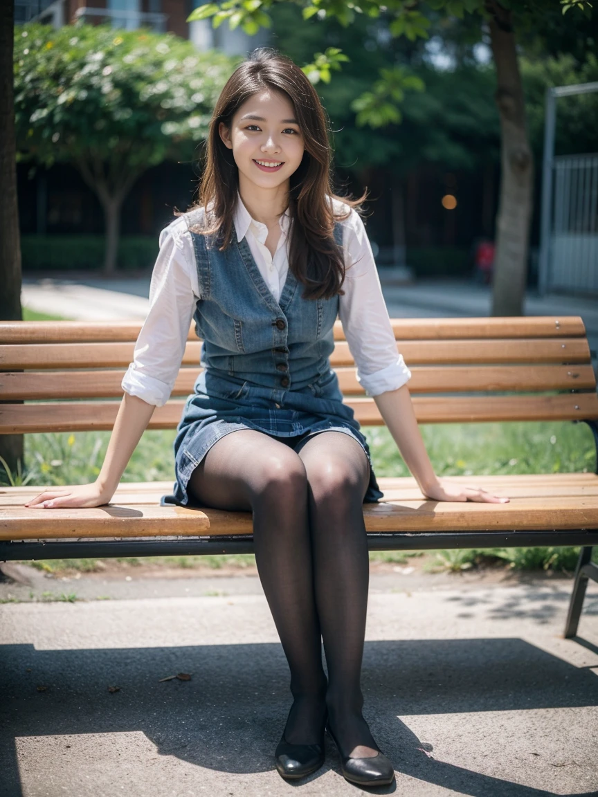 (((masterpiece))), (((highest quality: 1.4))), ((Super Detail: 1.4)) ,ulzzang-6500-v1.1, (RAW Photos:1.2), (Photorealistic),(Genuine: 1.4), (Pieces fly), highest quality, shape, Very detailed, finely, High resolution, 8k wallpaper, 完璧なダイナミックな構shape, Beautiful and detailed, (Plaid vest), , A tough challenge, (Ultra-realistic pantyhose:1.2), Skirt and medium hair,, Natural color lip, Bold sexy pose, Sitting on a park bench、(A very loving smile:1.2)、23-year-old woman、cute、sexy shot looking at camera, Realistic skin texture、Shiny skin、Exposed thighs!!! (Full Body Shot:1.4), Natural Skin Shader, Volumetric, Warm shades beneath her skin,