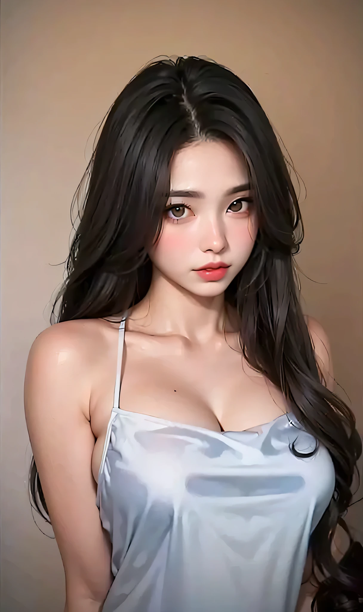 Top image quality、Raw photography、超A high resolution、Close-up of the face、Cute girl at 18 years old、Shooting for one person only、big round chest、cleavage of the breast、Camisole、Beautiful eyes with random colors、Beautiful Eyes of Details、very elongated eyes、Beautiful eyelashes、Beautiful double eyelids、Lying face down on a large bed