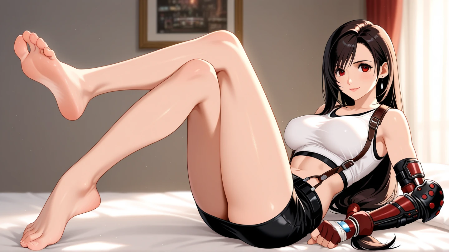 Young Asian girl with short skirt and no panties. A sports bra with long dark hair and little mouth with tongue sticking out