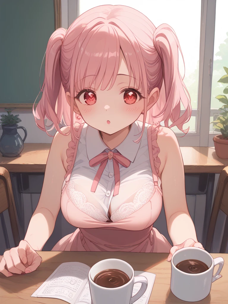 NSFW、Cafe、sweets、round face、baby face、super big breasts、Put your on the desk、vase。flower hair ornament、sensitive、allergic、