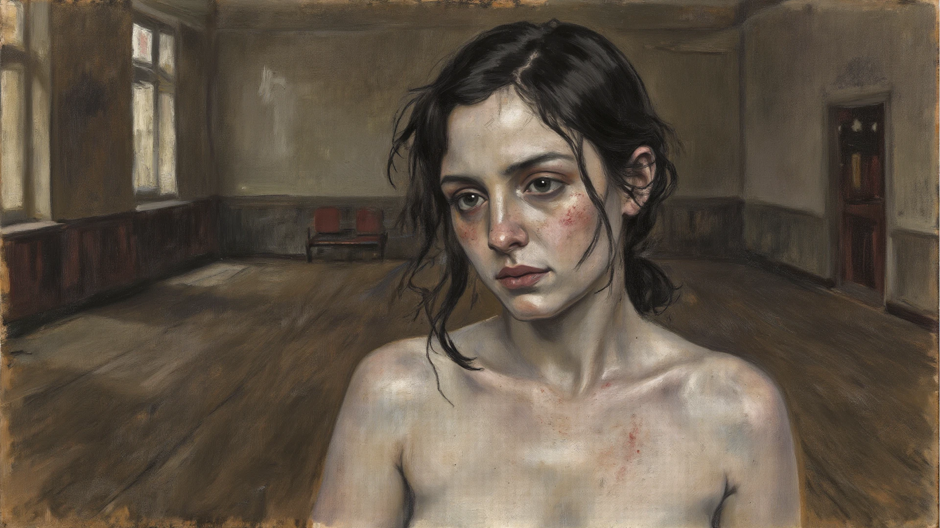 European woman, looks like Marion Cotillard, (((wide hips: 1.5))), 8k, absurd res, ((wide eyes: 1.4)), flawless face, ((chubby)) out of shape, 1girl, average mature body, natural body, ((super wide hips: 1.3)), full body image, 1girls, solo, masterpiece, highly detailed, ((symmetrical eyes)), expressive detailed eyes, pale skin, wide eyed, detailed pupils, realistic skin, some freckles, realistic skin texture, ((small breasts: 1.2)), super detailed skin, smooth background, shy face, analog style, (chin length hair), ((pale wavy hair: 1.5)), dark blue wallpaper, smooth background, shy face, (broad fat hips), topless, no shirt, exposed breasts, legs apart, ((nude)), ((naked)), (beautiful face, thic thighs), (arms crossed), (breasts together), (cleavage)