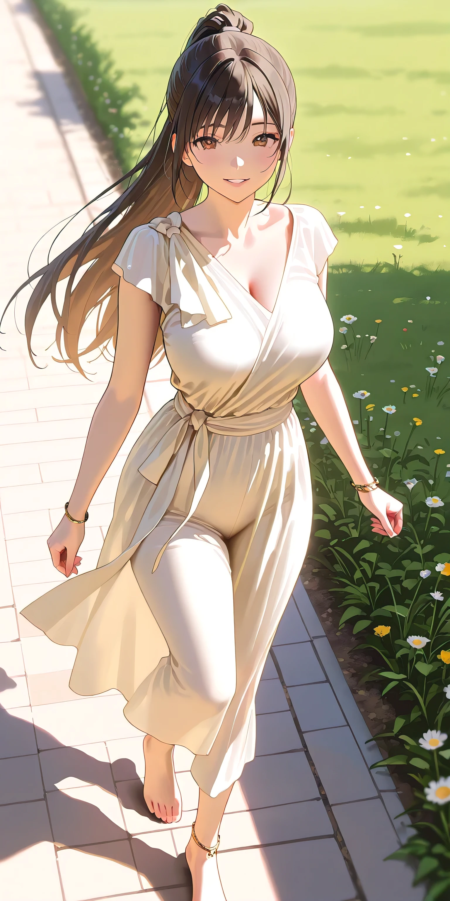 Masterpiece, newest, vibrant, very aesthetic, high contrast, beautiful girl, straight hair, high ponytail long hair, parted lips, smile, perfect body, big breast, saree, bracelet, anklet, bare foot, full body, walking, meadow, park, best quality, realistic face, realistic body, stunning visual cg, looking at viewer, cowboy shot, view from above