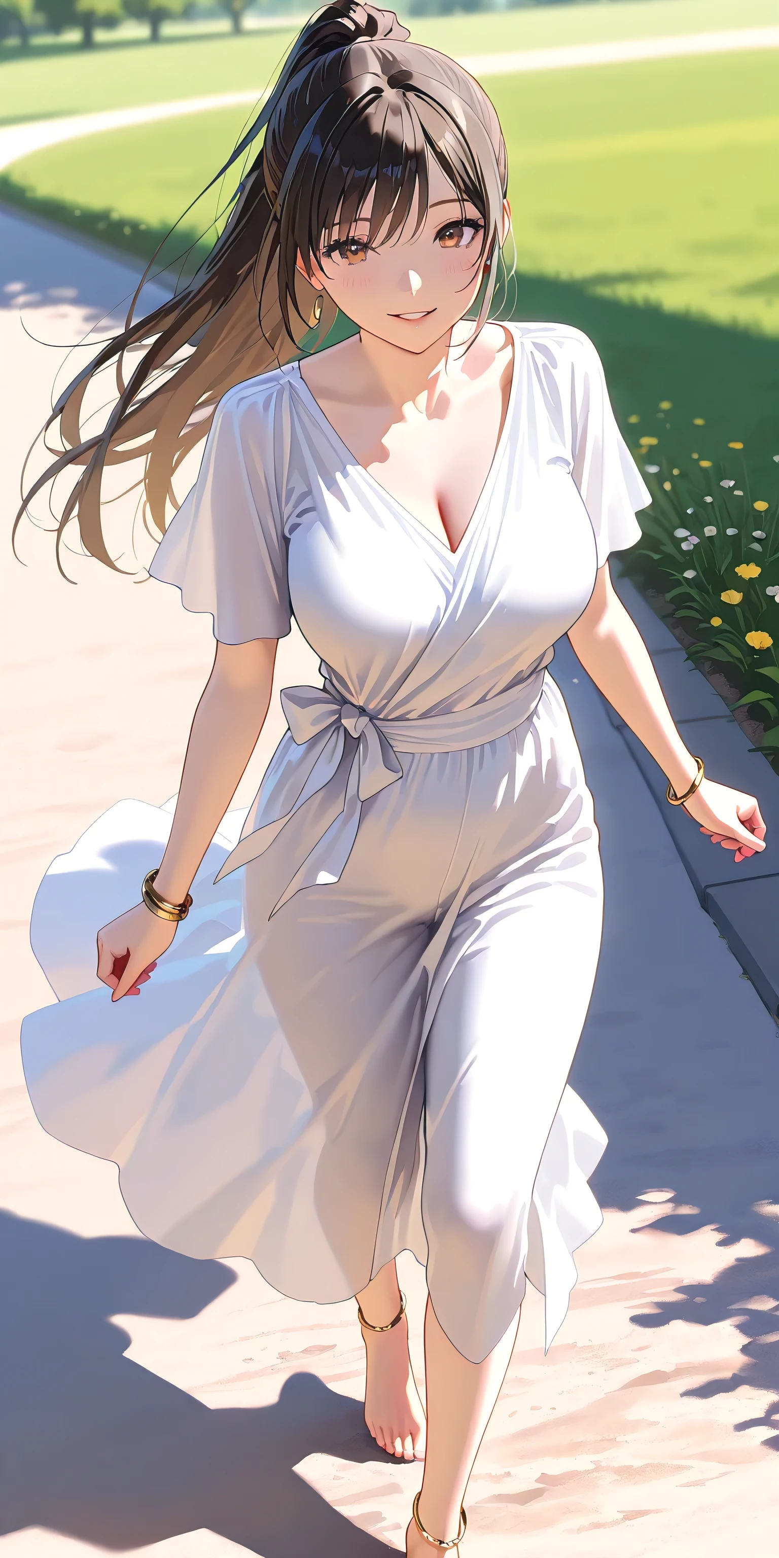Masterpiece, newest, vibrant, very aesthetic, high contrast, beautiful girl, straight hair, high ponytail long hair, parted lips, smile, perfect body, big breast, saree, bracelet, anklet, bare foot, full body, walking, meadow, park, best quality, realistic face, realistic body, stunning visual cg, looking at viewer, cowboy shot, view from above