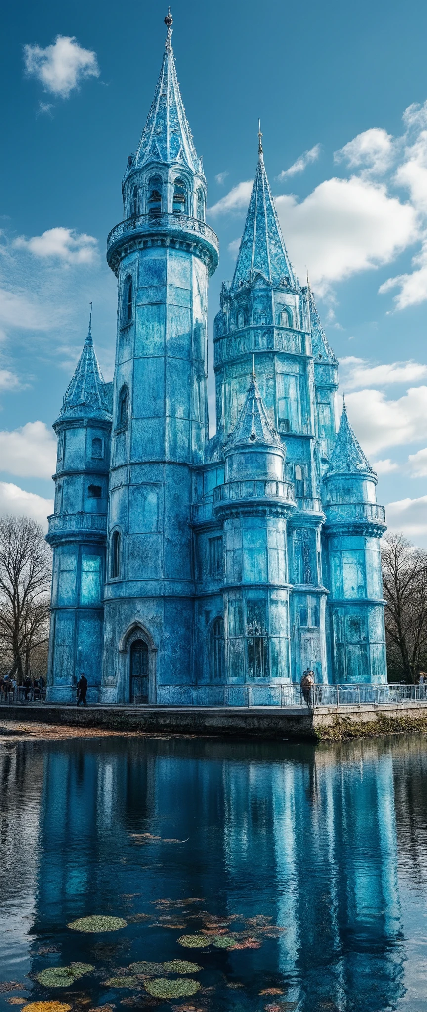 (highdefinition images:1.5)、Magnificent atmosphere,(detailed eyes drawn on a giant, Clear Blue Glass Castle That Seems to Reach the Sky),masterpiece、top quality、Antique Glass Castle、Look up 、a blue sky flows、(An old European castle made of detailed eyes drawn on a giant glass stands:1.5)、a glass castle in Germany、 Scenery、Nature、high resolution、photorealism, (an amazingly detailed and transparent glass castle:1.5),
