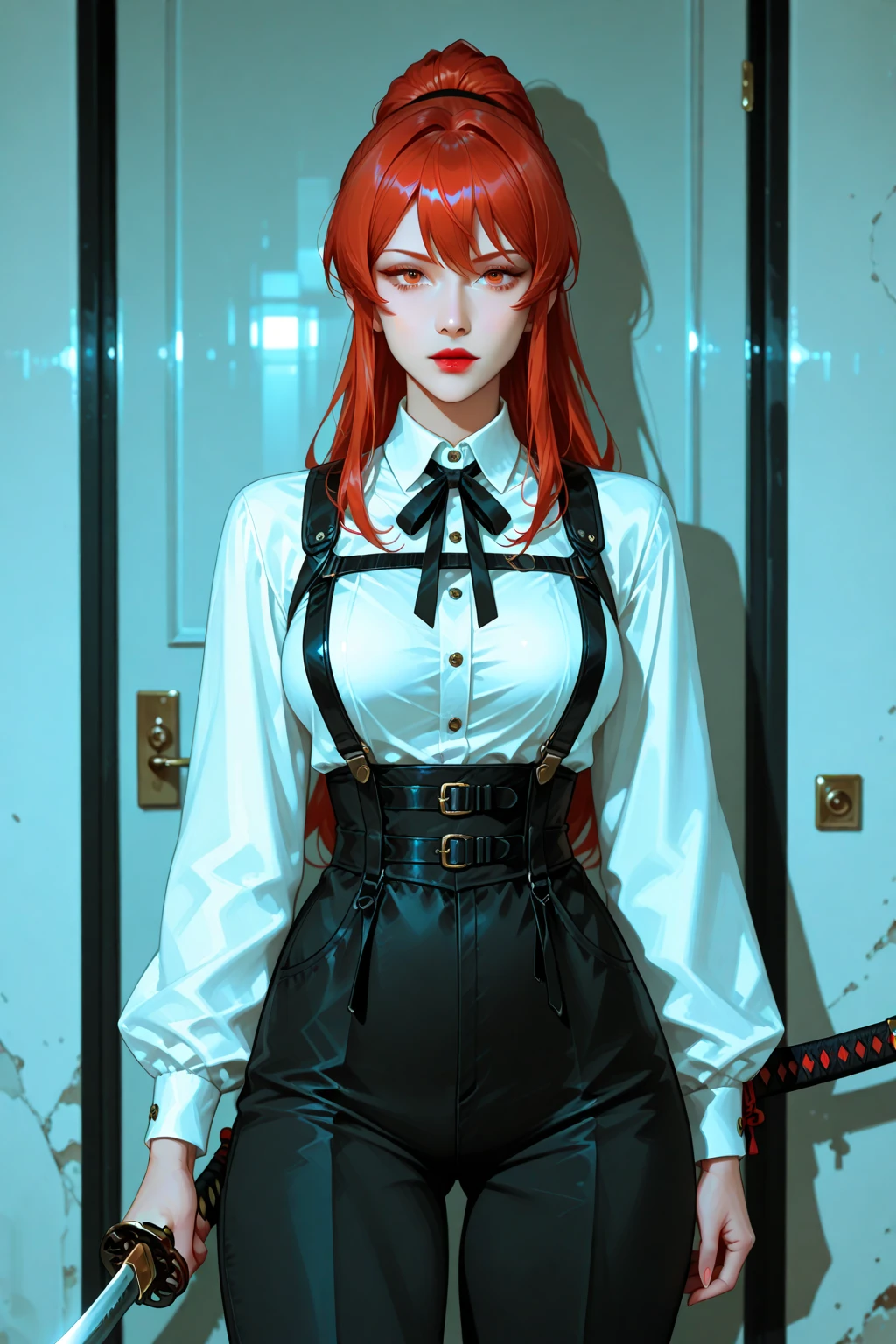masterpiece, best quality, makima \(chainsaw man\), ultra detailed, 1girl, solo, standing, red hair, long braided hair, golden eyes, bangs, medium breasts, white shirt, necktie, stare, smile, (evil:1.2), looking at viewer, (interview:1.3), (dark background, chains:1.3), large breasts,covered,cum,,erotic, photorealistic anime,ulzzang,beautiful,elegance