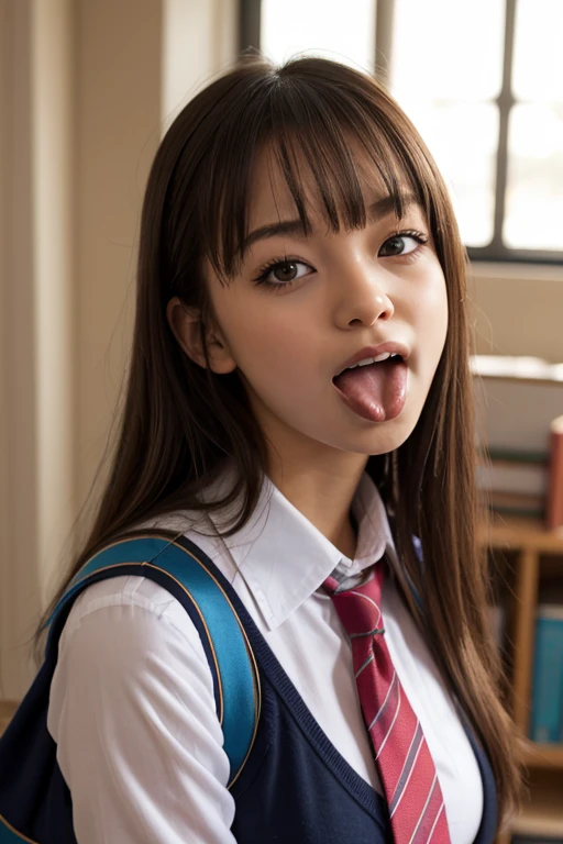 barefoot、barefoot、barefoot、smile、Bright classroom、(((alone))),(((1 girl))), beautiful, shape, Highly detailed skin, masterpiece, Highest quality, Highly detailed face, Vibrant colors, Written boundary depth, Cinema Lighting,, One Girl, alone, Straight Long Hair,Black pleated skirt,blush, ((White shirt, tie、school uniform))masterpiece Highest quality 高解像度、Sit with your knees bent、beautiful足 、On campus、As if looking up from below、((Embarrassing,blush)),White panties,(((White panties)))Thighs、Plump body、Big Breasts、Gal、(((Open your mouth、Sticking out tongue)))、(((Painful expression)))Wear a cardigan、