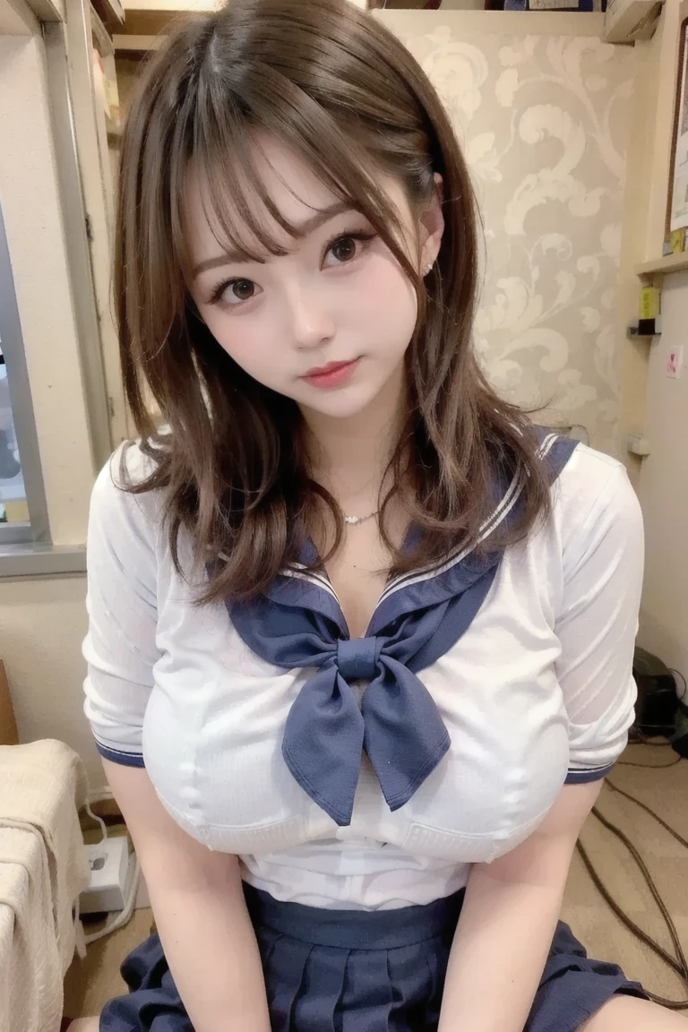 highest quality, figure, Pink Hair、sexy、slender、Navy blue tie、Navy blue sailor suit、sexy、Navy blue exy、Shapely small breasts、sexy、sexy、Very detailed, Fine details,Slim body、slender、Japanese girl、 High resolution, 8k,wallpaper, Perfect dynamic composition, Beautiful fine details, Short Twin Tails、Big Natural Color Lip, smile、Cold Stare,14-year-old girl、Cute type、Lolita、Good Eyes、whole body,Pink wall,Sexy thighs are visible、