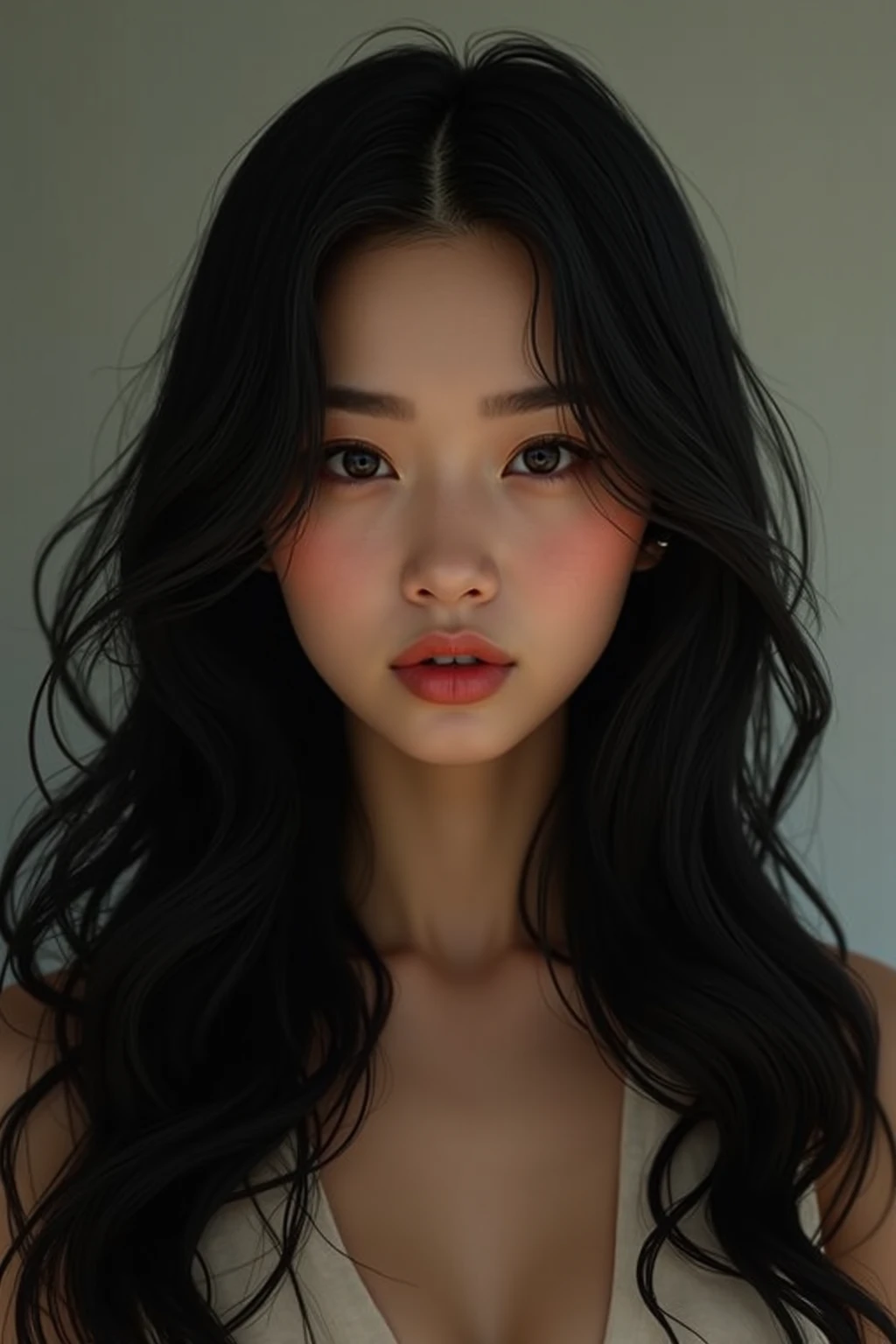 a woman with long black hair wearing a white top, ulzzang, detailed long black hair, whitebangsblackhair, black-hair pretty face, long wavy black hair, russian and american mix, beautiful black hair, yami kawaii, anime barbie in white, korean idol, wavy black hair, wavy long red-haired hair, beautiful full face