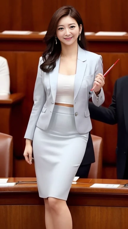 (8k, Best Quality, Masterpiece, Realistic, Ultra Detailed:1.3), (1girl, pretty Japanese politician), (suit jacket, tight mini-skirt:1.3), Smile, (big breasts, cleavage, perfect body:1.3), (naked:1.3), bangs, necklace, (National Diet, parliament:1.3) ,(crowd:1.2), beautiful legs,