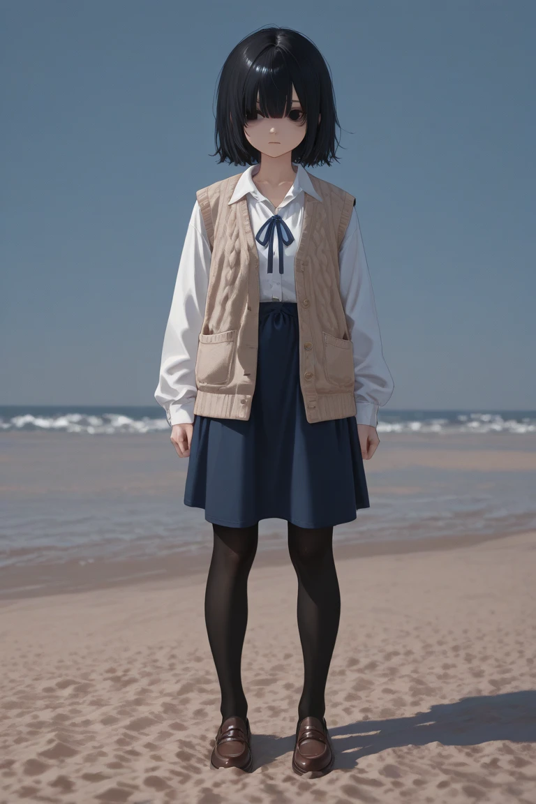 A 12-year-old girl with short hair standing by the sea