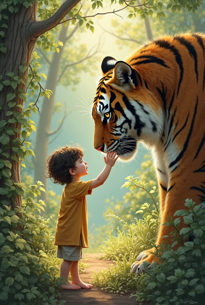 Child playing in the forest, found a lion
