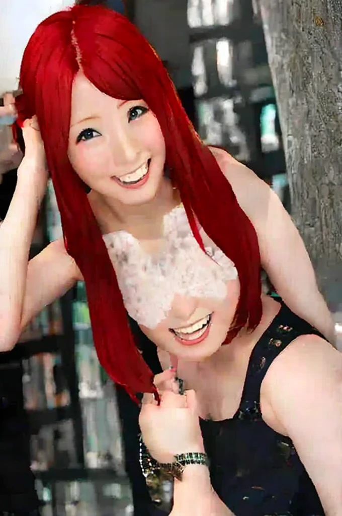 1girl, solo, long hair, looking at viewer, smile, bangs, thighhighs, navel, hair between eyes, twintails, sitting, closed mouth, underwear, ahoge, red hair, fang, black thighhighs, flat chest, orange eyesclosed eyes, tears in eyes, open mouth, saliva residue, wet skirt hem, sticky panties, bulging vibrator cord, vibrator with garters, visible pussy, visible vaginal opening, visible vagina, visible vulva
