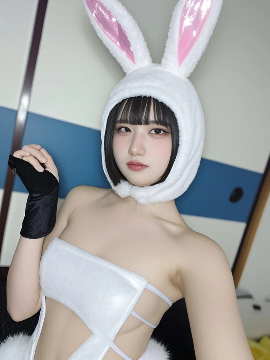 There is a woman wearing a rabbit costume striking a pose in the toilet., thick, , shikamimi, Full length and white stockings, group, nekomimi, Chubby, Angela White, Pubic Pose, Beautiful anime girl crouching, Anime guy squatting, Anime Barbie in White Stockings
