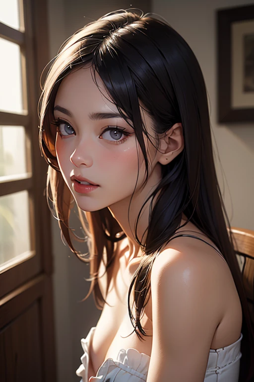 (Hyper-realistic), (Illustration), (High resolution), (8K), (Extremely detailed), (Best Illustration), Yol ( chain saw man ), (Beautiful detailed eyes), (Best Quality), (Ultra-detailed), (masutepiece), (Wallpaper), (Detailed face), Solo, Upper body, Focus on Face, 1 girl, Long Black Hair, Korean, Thin eyeshadow, A detailed eye, Brown eyes, Small moles under the eyes, very slender legs,Small breasts,Smaller chest,Black knee socks, Dynamic Pose, low illuminance, Night, Dark, Clouds, a dark night,sleeps in a bed,Happy,White panty,Naked,splashing water on the body,Angry,Pink,